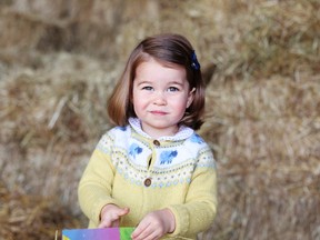 In this photo released Monday May 1, 2017, by the Duke and Duchess of Cambridge, showing their daughter Princess Charlotte taken in April 2017 by her mother Kate the Duchess of Cambridge at Anmer Hall in Norfolk, England. The Duke and Duchess of Cambridge have said they are "delighted" to share this new photograph of Princess Charlotte enjoying the outdoors to mark their only daughter's second birthday on Tuesday May 2. (The Duchess of Cambridge via AP)