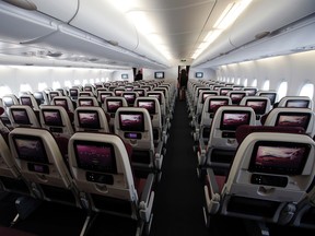 Interior view of the economy class of the Airbus A380 of Qatar Airlines during a visit at the Paris Air Show, in Le Bourget airport, north of Paris, Wednesday, June 17, 2015. Qatar Airways has brought 4 Airbus A380's in service since last year. (AP Photo/Francois Mori)