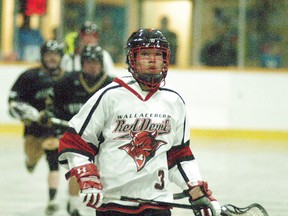 David Gough/Courier Press/DGough@postmedia.com
Wallaceburg Red Devils player Vern Hill is all alone on a breakaway on his way to scoring a goal during the Red Devils game held on Sunday, April 30 at Wallaceburg Memorial Arena. The two teams tied 14-14.