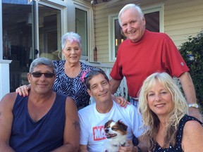 A family journey to walk in the footsteps of  fallen Canadian soldier, Oswald "Ossie" Cameron is underway. From left in front are his grandchildren Todd Carroll, Scott Carroll and Jody Kukura. From left in back are his daughter Carolyn Russell and her husband Ross Russell.Submitted Photo