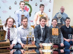 The Sarnia Legionnaires held their annual awards dinner over the weekend at the Royal Canadian Legion. Seated from left: Joey Zappa, the team's most improved player and the winner of the People's Choice Award; Jarret Marks (a co-winner of the Most Valuable Player of the Playoffs trophy and winner of the Most Dedicated Player plaque; goalie Jorgen Johnson (the team's regular season MVP); Sam McCormack, winner of the Spirit Award; and Brett Storr (best defenceman). Standing from left: leading scorer Alec DeKoning, Jake Vince (co-winner of the Rookie of the Year trophy; and Lloyd Dicker, volunteer of the year. Absent from the photograph: co-winner of the Rookie of the Year trophy Nash Nienhuis; and playoff MVP co-winner Ethan DuPont. Photo courtesy Shawna Lavoie