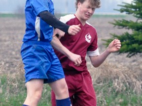 Denzel Bolinger (left) of Mitchell District High School’s (MDHS) varsity soccer team goes up for a header against Stratford Northwestern during Huron-Perth soccer action last Tuesday, April 25 in Mitchell.  ANDY BADER/MITCHELL ADVOCATE