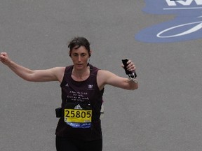 Susanna Pankiw of Marwayne, Alta. crosses the finish line of the 121st running of the Boston Marathon on Monday, April 17. Submitted Photo.