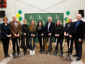 Lakeland College held a sod-turning ceremony to celebrate the official start of construction for the new Dairy Learning Centre and Animal Health Clinic on Wednesday, April 26, 2017, in Vermilion, Alta.  From left to right are: Josie Van Lent, School of Agricultural Sciences dean; Darrel Howell, board chair; Alice Wainwright-Stewart, Lakeland's president; Maryje Bikker, Student-Managed Farm dairy team leader; Shannon Stubbs, Lakeland MP; Bruce MacDuff, Vermilion's mayor; Morgan Sangster, dairy unit coordinator; Daryl Watt, County of Vermilion River reeve; and,  Gezinus Martens, Alberta Milk chairman. Taylor Hermiston/Vermilion Standard/Postmedia Network.