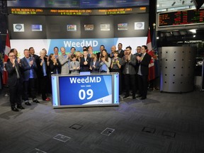 WeedMD staff and supporters rang the opening bell at the Toronto Stock Exchange Thursday to mark the Aylmer-based medicinal marijuana company’s TSX debut. The business received its long-awaited sales licence from Health Canada the next day. Now WeedMD has its sights set on a $3 million, 220,000 sq. ft. expansion that will increase its output tenfold. (Contributed)