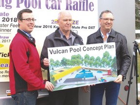 Vulcan County Reeve Jason Schneider, left, Vulcan Mayor Tom Grant, middle, and Little Bow MLA David Schneider attended Friday the kickoff of a raffle fundaiser the Vulcan Lions Club have organized to raise funds for the proposed new swimmng pool.
