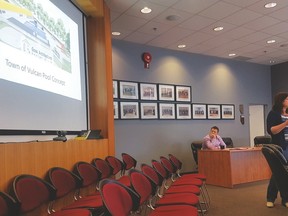 Bonnie Ellis, recreation director for the Town of Vulcan, presents to Vulcan County council on April 19 in council chambers.