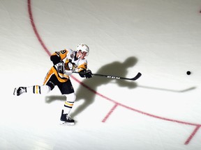 Jake Guentzel of the Pittsburgh Penguins skates in warm-ups prior to the game against the New Jersey Devils at the Prudential Center on April 6, 2017. (Bruce Bennett/Getty Images)