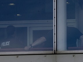 Winnipeg police near the scene an officer-involved shooting in a skywalk at the police headquarters on Mon., May 1, 2017. Kevin King/Winnipeg Sun/Postmedia Network