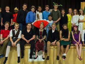 Bea Serdon/The Intelligencer
The Grade 7-8 class of Mrs. Pericak poses for a photo after their performance of three of Shakespeare's plays (The Tempest, Twelfth Night, and Midsummer Night's Dream) in Belleville on Monday. In this student-led production, they wrote the script, created the sets, and memorized lines.