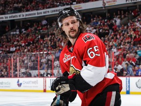 Erik Karlsson of the Ottawa Senators has some words for officials after he was knocked down in the corner against the New York Rangers in Game 2 at Canadian Tire Centre on April 29, 2017. (Jana Chytilova/Freestyle Photography/Getty Images)