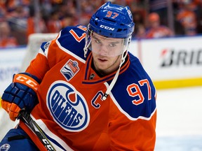 Edmonton Oilers captain Connor McDavid takes part in the pre-game skate against the Anaheim Ducks at Rogers Place on April 30, 2017. (David Bloom/Postmedia)