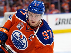 The Edmonton Oilers Connor McDavid (97) takes part in the pre game skate against the Anaheim Ducks at Rogers Place, in Edmonton Saturday April 30, 2017.