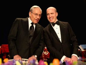 Journalist Bob Woodward (L) and Jeff Mason pose on stage during the 2017 White House Correspondents' Association Dinner at Washington Hilton on April 29, 2017 in Washington, DC. (Tasos Katopodis/Getty Images)