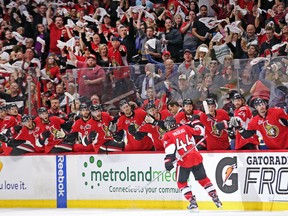 Ottawa Senators forward Jean-Gabriel Pageau is greeted with cheers by the fans and the bench after his goal in the first period of Game 2 against the New York Rangers on April 29, 2017. (Wayne Cuddington/Postmedia)