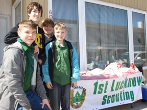 A hot dog and hamburger fundraiser on April 22, 2017 brings the 1st Lucknow Scouts closer to their adventure. The Scouts continue raising money to attend the 2017 Canadian Jamboree (CJ'17) held in Halifax Nova Scotia from July 8-15, 2017. L-R: Tyler Hallam, Chase Smits, Layne Rothmaier, and Tyler Robinson.