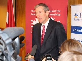 Premier Brian Pallister announced on Tuesday, May 2, 2017, that the province will seek proposals on public private partnerships to build four new schools in Manitoba. Pallister was speaking at a conference on public-private partnerships at the Fort Garry Hotel in Winnipeg.  
JOYANNE PURSAGA/Winnipeg Sun/Postmedia Network