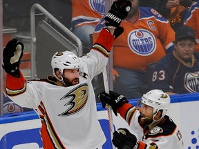 Anaheim Ducks Ryan Kesler (left) celebrates his third period goal with team mate Andrew Cogliano (right) in the third game of their National Hockey League Stanley Cup Playoffs series aginst the Edmonton Oilers in Edmonton on April 30, 2017. Ducks won the game by a score of 6-3.