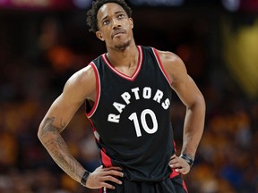 Toronto Raptors guard DeMar DeRozan looks up in the second half of Game 1 against the Cleveland Cavaliers on May 1, 2017. (AP Photo/Tony Dejak)