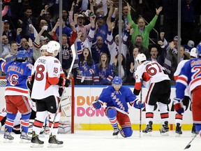 New York Rangers' Michael Grabner celebrates after scoring a goal during Game 3 against the Ottawa Senators on May 2, 2017. (AP Photo/Frank Franklin II)