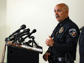 Balch Springs Police Chief Jonathan Haber speaks during a news conference after the shooting of 15-year-old Jordan Edwards at the Balch Springs Learning Center and Library in Balch Springs, Texas, Monday, May 1, 2017. (Nathan Hunsinger/The Dallas Morning News via AP)
