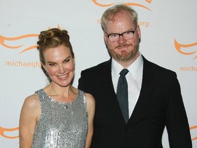 In this Nov. 22, 2014 file photo, Jeannie Gaffigan, left, and Jim Gaffigan attend The Michael J. Fox Foundation for Parkinson's Research benefit, "A Funny Thing Happened on the Way to Cure Parkinson's," in New York. Gaffigan says his wife and writing partner Jeannie is recovering after surgery to remove a serious brain tumor. He said on his social media pages Monday, May 1, 2017, that two weeks ago an MRI revealed that Jeannie Gaffigan had a large, life-threatening tumor around her brain stem. He says after nine hours of urgent surgery the tumor was completely removed, and she’s now recovering at home. (Photo by Charles Sykes/Invision/AP, File)