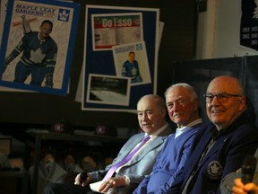 Toronto Maple Leafs legends, from left, Red Kelly, Dick Duff and Ron Ellis on stage at the Sports Gallery in Toronto as they celebrate the "Last Good Spring," the 50th anniversary of when the Leafs last won the Stanley Cup in 1967, on Tuesday May 2, 2017. (Dave Abel/Toronto Sun)