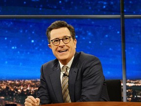 This image released by CBS shows Stephen Colbert during a taping of "The Late Show with Stephen Colbert," airing Friday March 31, 2017, in New York. (Richard Boeth/CBS via AP)