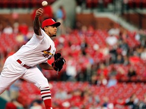 St. Louis Cardinals starting pitcher Carlos Martinez throws during the first inning of a baseball game against the Milwaukee Brewers, Tuesday, May 2, 2017, in St. Louis. (AP Photo/Jeff Roberson)