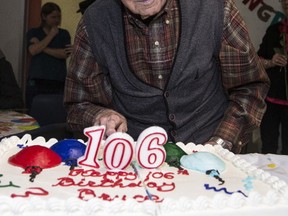 Bruce MacLean celebrates his 106 birthday at the Evangel Hall Mission in Toronto on Wednesday, May 3, 2017. (CRAIG ROBERTSON/TORONTO SUN)