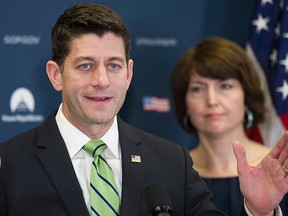 In this May 2, 2017, photo, House Speaker Paul Ryan of Wis., accompanied by Rep. Cathy McMorris Rodgers, R-Wash., speaks to reporters on Capitol Hill in Washington. (AP Photo/Cliff Owen)