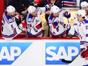 New York Rangers defenceman Ryan McDonagh celebrates his goal against the Ottawa Senators with teammates during Game 1 at Canadian Tire Centre on April 27, 2017. (THE CANADIAN PRESS/Sean Kilpatrick)