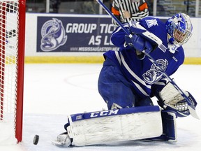 Mississauga Steelheads goalie Matt Mancina blocks a shot against the Peterborough Petes during Game 3 of the OHL Eastern Conference final on April 24, 2017 at the Hershey Centre. (CLIFFORD SKARSTEDT/PETERBOROUGH EXAMINER)