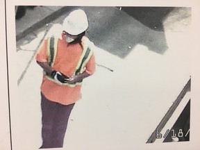 A court-exhibit photo shows an alleged hitman dressed in construction attire. Nick Nero, 40, of Niagara Falls, Dean Wiwchar, 31, of Vancouver, Rabih “Robby” Alkhalil, 29, of Kanata, and Martino Caputo, 43, of Toronto, have pleaded not guilty to first-degree murder and conspiracy to commit murder in the June 2012 execution-style shooting of Johnnie Raposo, 35, in Little Italy.