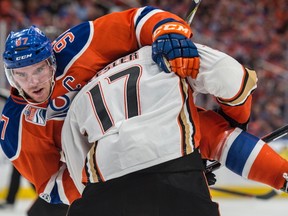 Connor McDavid of the Edmonton Oilers is tied up by Ryan Kesler of the Anaheim Ducks at Rogers Place in Edmonton on May 3, 2017. (Shaughn Butts)