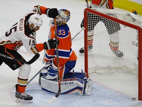 Anaheim Ducks forward Ryan Getzlaf scores on Edmonton Oilers goalie Cam Talbot in Game 4 of their second-round playoff series in Edmonton on Wednesday, May 3, 2017. (Larry Wong)