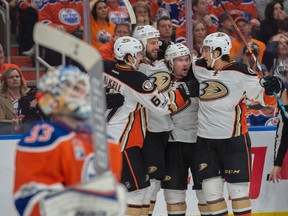 Edmonton Oilers goalie Cam Talbot looks away from the Anaheim Ducks while celebrating Ryan Getzlaf's second goal of Game 4 during their second-round playoff series at Rogers Place in Edmonton on May 3, 2017. (Shaughn Butts)