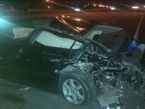 Damage to a vehicle involved in a fatal two-car crash on the QEW at Guelph Line on Wednesday, May 3, 2017. (@OPP_HSD)
