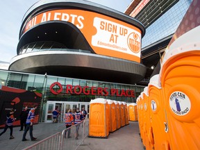 Portable toilets outside Rogers Place prior to an Edmonton Oilers and San Jose Sharks NHL playoff game April 20, 2017. (David Bloom/Postmedia Network)