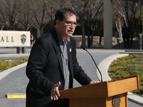 Coun. Marty Morantz addresses media during the announcement of a study to identify the route for the Eastern Rapid Transit Corridor, outside city hall in Winnipeg on Thurs., May 4, 2017. Kevin King/Winnipeg Sun