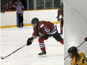 Brooklyn Schroeder (left) and Kate Charko (in blue on right) are on their way to the 2017 Alberta Challenge, a competitive tournament featuring the best female minor hockey players from around the province (Submitted photos).