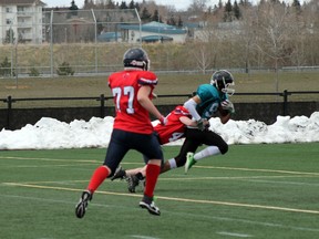 Photo by Jesse Cole Reporter/Examiner
Lloydminster’s Red Dogs tackled their way to a 26-7 victory last Saturday, April 29 against the Parkland Predators.