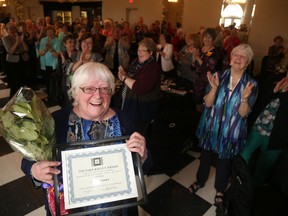 Jason Miller/The Intelligencer
Retired teacher Cathy O'Brien is applauded by her peers for being the recipient of this year’s Cora Bailey Award.