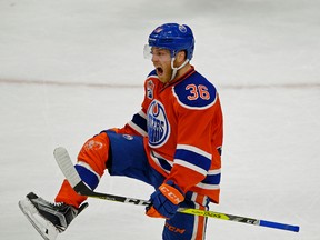 Edmonton Oilers Drake Caggiula celebrates after scoring in the third period to tie the game 3-3 and send the game into overtime during the fourth game of their Stanley Cup playoff series in Edmonton against the Anaheim Ducks in Edmonton on Wednesday May 3, 2017.