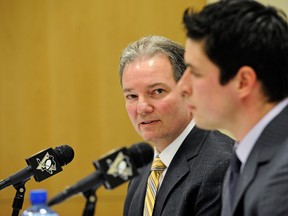 Forward Sidney Crosby and GM Ray Shero of the Pittsburgh Penguins answer questions during a press conference on Jan. 31, 2012 at CONSOL Energy Center. (Jamie Sabau/Getty Images)