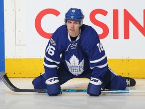 Mitch Marner of the Toronto Maple Leafs stretches during the warm-up prior to play against the Washington Capitals in Game 6 at the Air Canada Centre on April 23, 2017. (Claus Andersen/Getty Images)