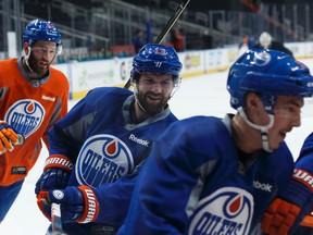 Edmonton Oilers Eric Gryba, left, David Desharnais and Ryan Nugent-Hopkins skate at Rogers Place in Edmonton on Thursday, May 4, 2017. The Oilers head to Anaheim to play the Ducks in Game 5 of their second-round playoff series on Friday. (Ian Kucerak)