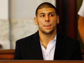 Aaron Hernandez sits in the courtroom of the Attleboro District Court during his hearing on Aug. 22, 2013 in North Attleboro, Massachusetts. (Jared Wickerham/Getty Images)