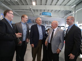 Legend Boats held a grand opening of the new facility in Whitefish on Thursday, May 4. From left are Jeff Duhamel, GM of the Barrie store, co-CEO Jamie Dewar, founders Carl Dewar and Vic Duhamel, and co-CEO Marc Duhamel. A public grand opening of the facility takes place May 5-7. On May 6, they host a family fun day for the community, where people can learn some of the basics of boating and fishing, how to tie up a boat and bait a hook. There will also be minnow races, boat crafts and more. For more information, go to legendboats.com. (Gino Donato/The Sudbury Star)