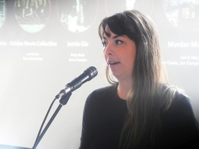 Jen McKerral, Music and Film in Motion's music outreach officer, announces award nominees at a press conference at Fromagerie Elgin on Thursday. (Harold Carmichael/The Sudbury Star)